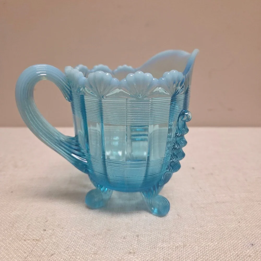 Northwood Blue Opalescent Chrysanthemum Base Swirl Glass Footed Creamer Pitcher